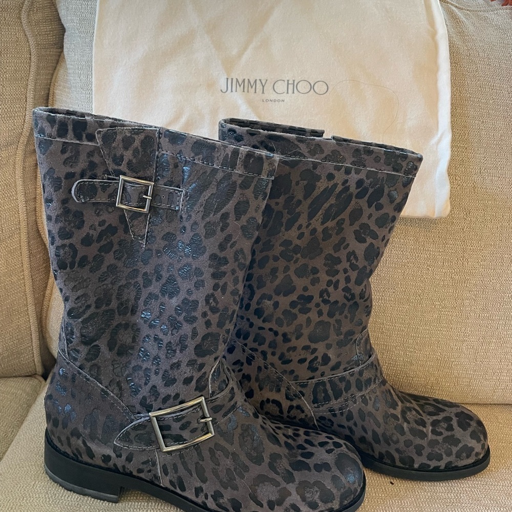 Hot! Jimmy Choo Sz 39 8.5 Metallic Black & Gray Animal Print Suede Biker Boots